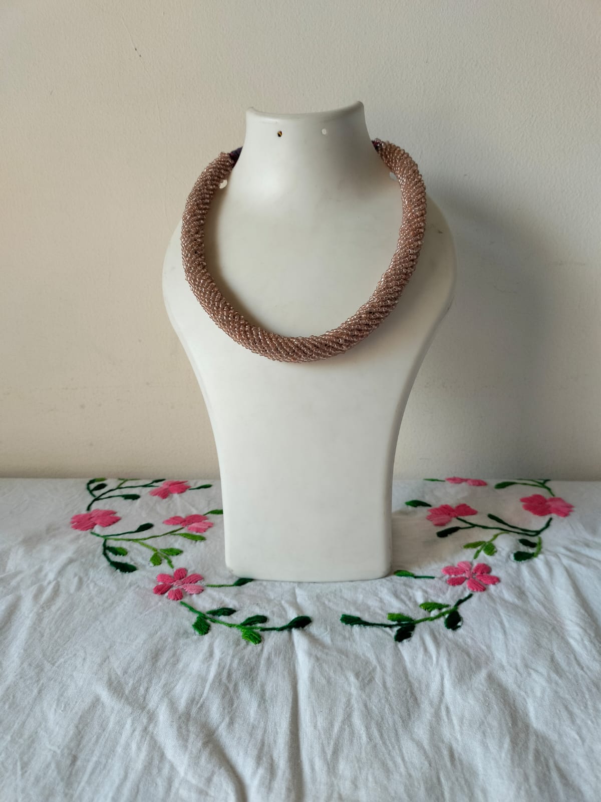 Hand-Woven Rosé Shimmer Beaded Rope Necklace