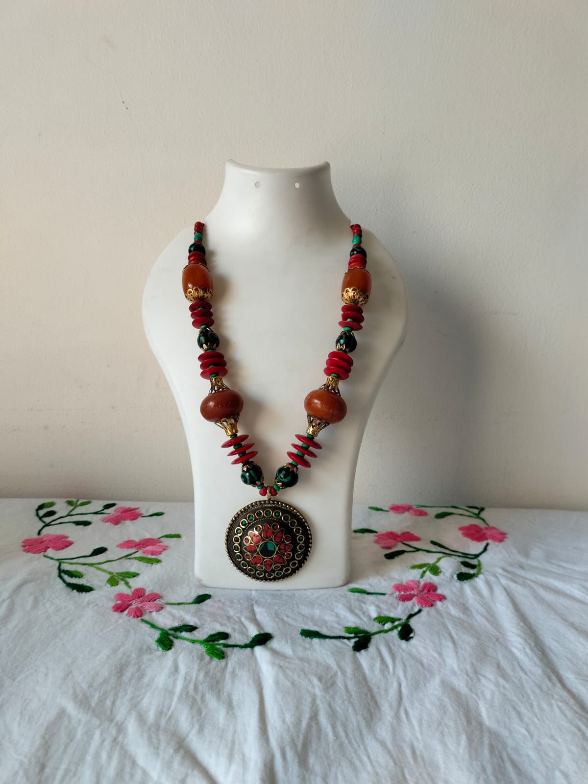 Antique Bronze Medallion with Caramel Amber & Crimson Beaded Necklace