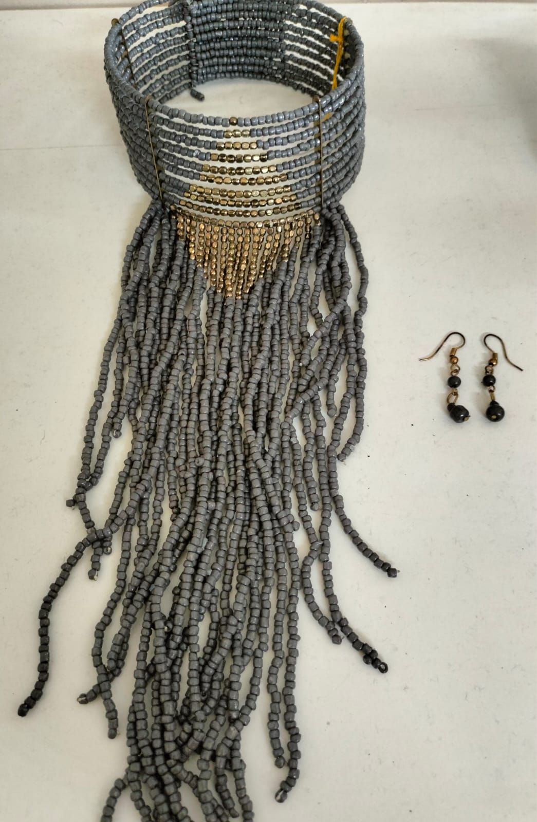 Luxurious Grey & Gold Seed Bead Fringed Choker Set