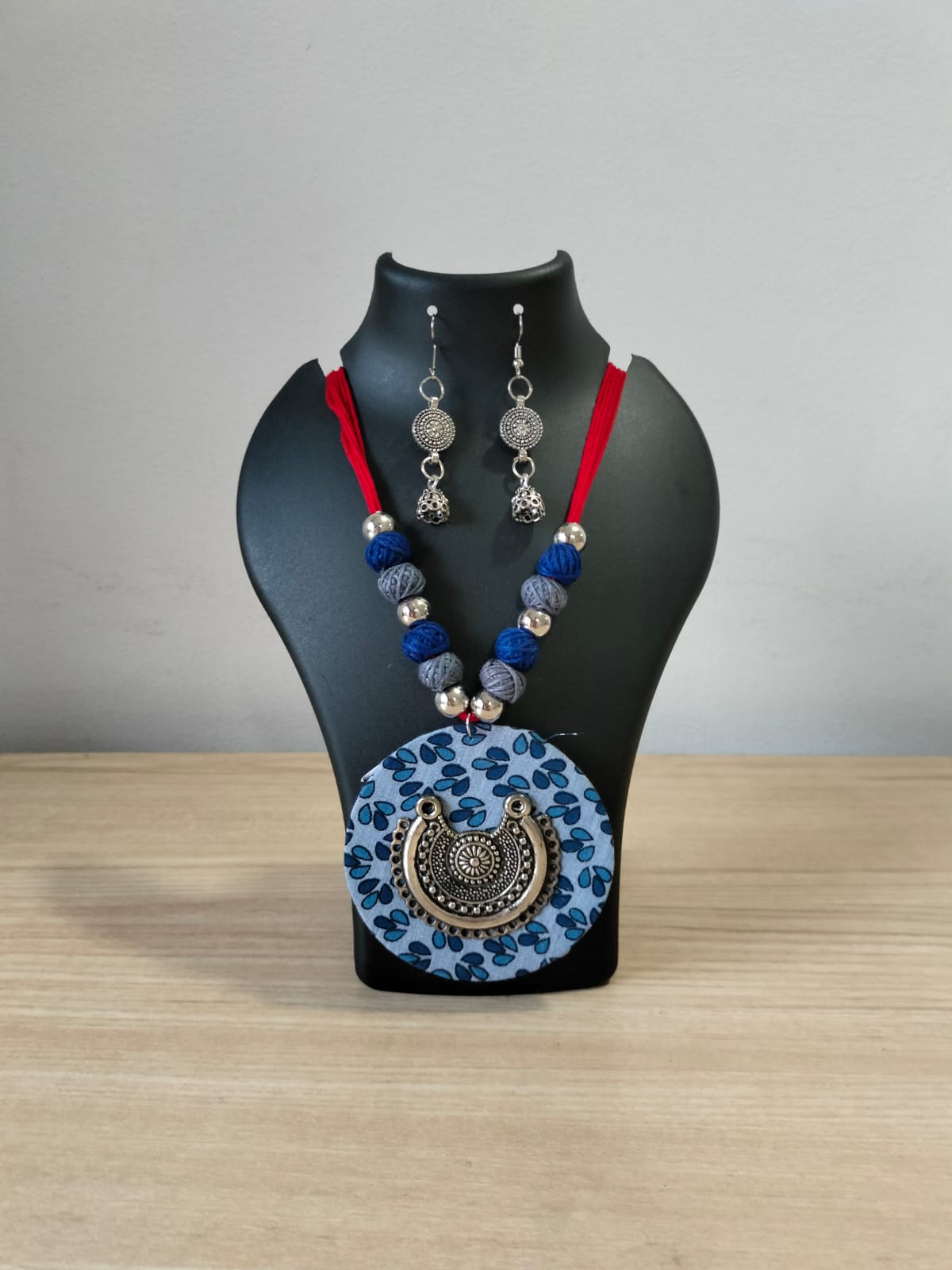 Indigo Leaf-Print Fabric Necklace with Oxidized Silver Pendant