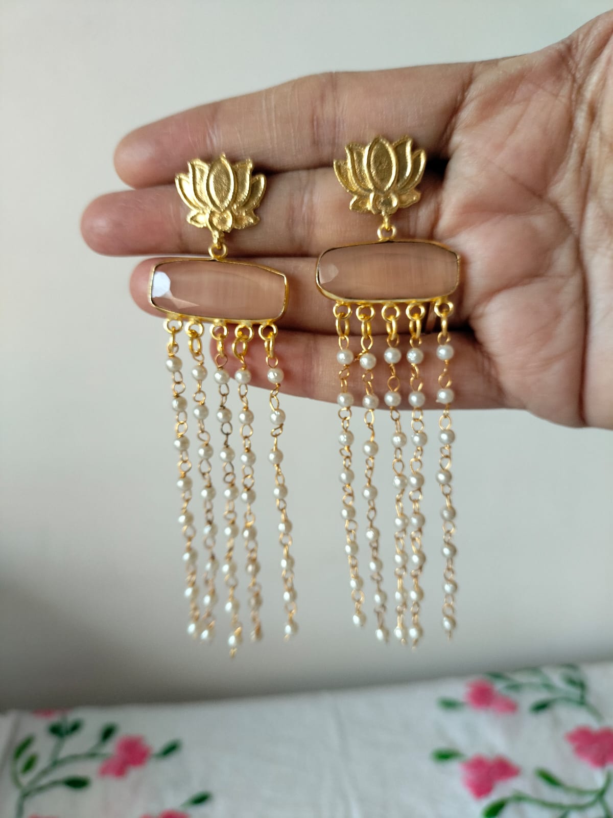 Lotus Motif Pearl Tassel Statement Earrings