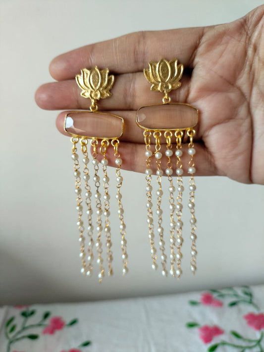 Lotus Motif Pearl Tassel Statement Earrings
