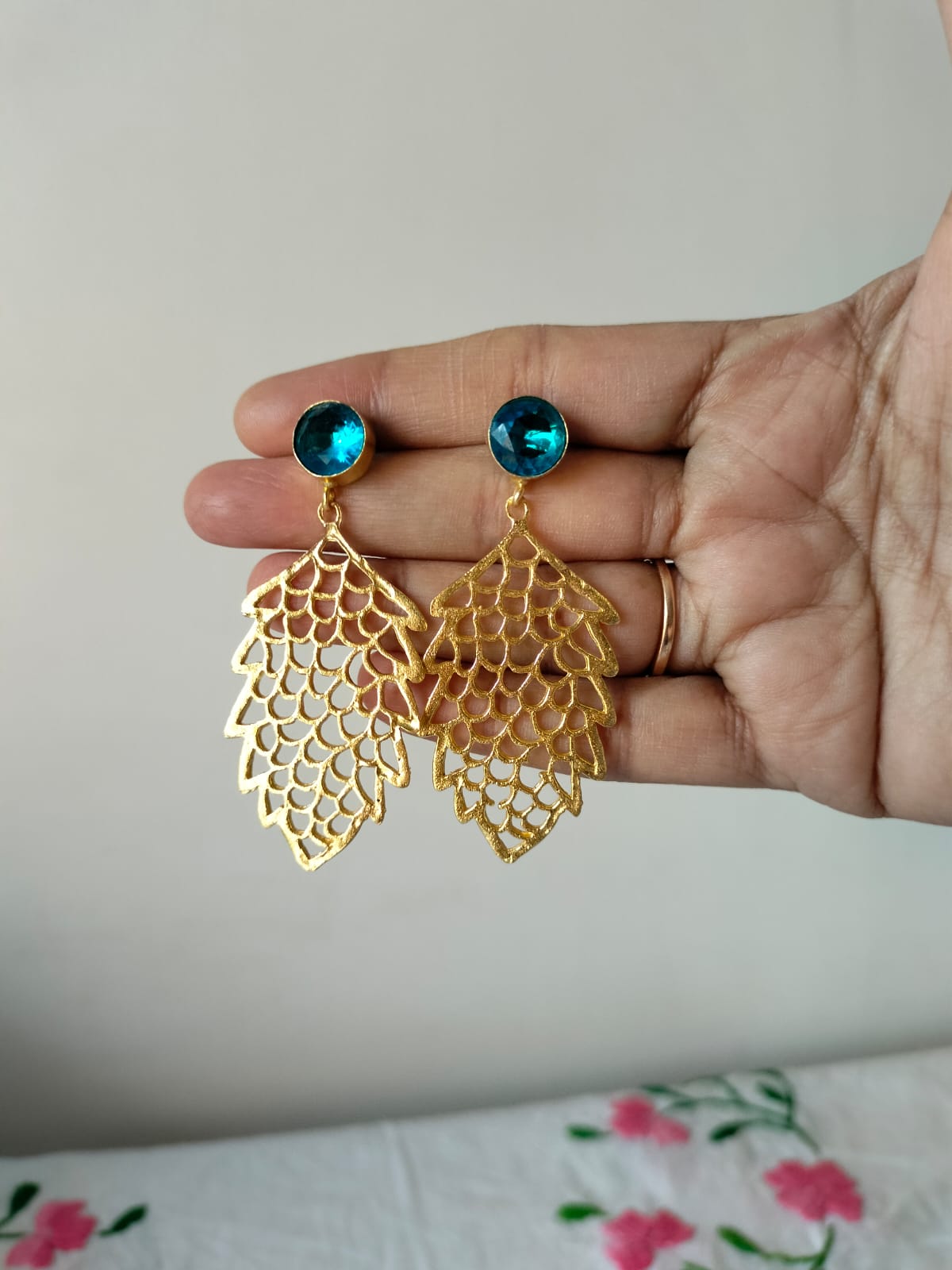 Elegant Gold-Plated Filigree Drop Earrings with Teal Blue Gemstones