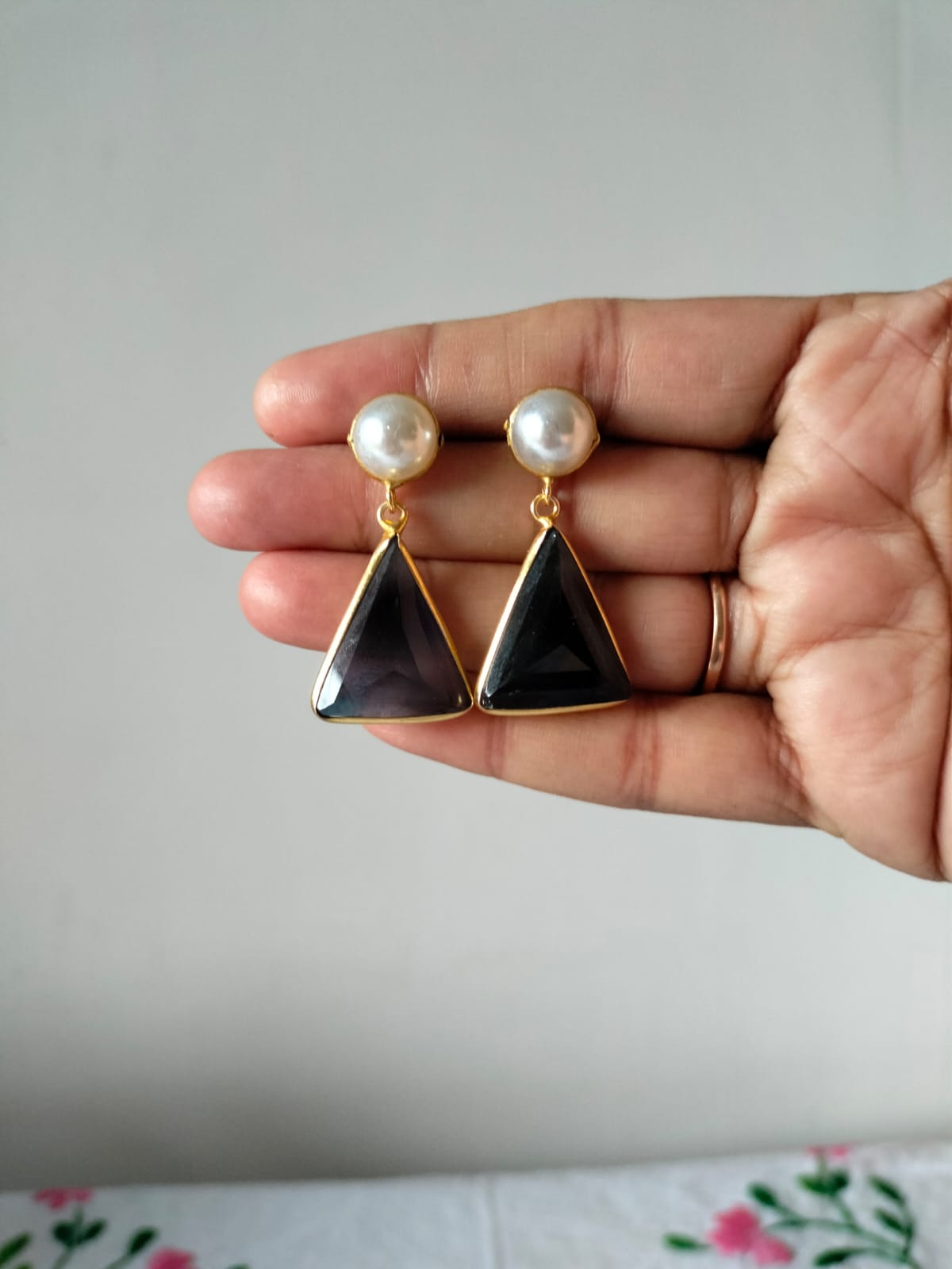 Pearl and Emerald Tone Drop Earrings