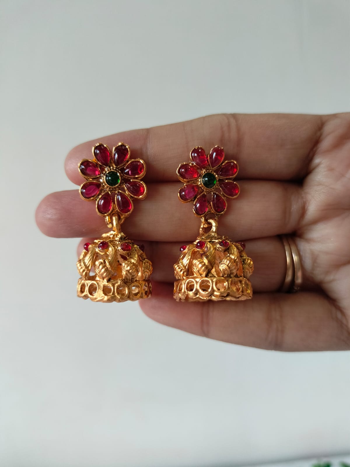 Floral Ruby-Studded Gold-Toned Jhumka Earrings