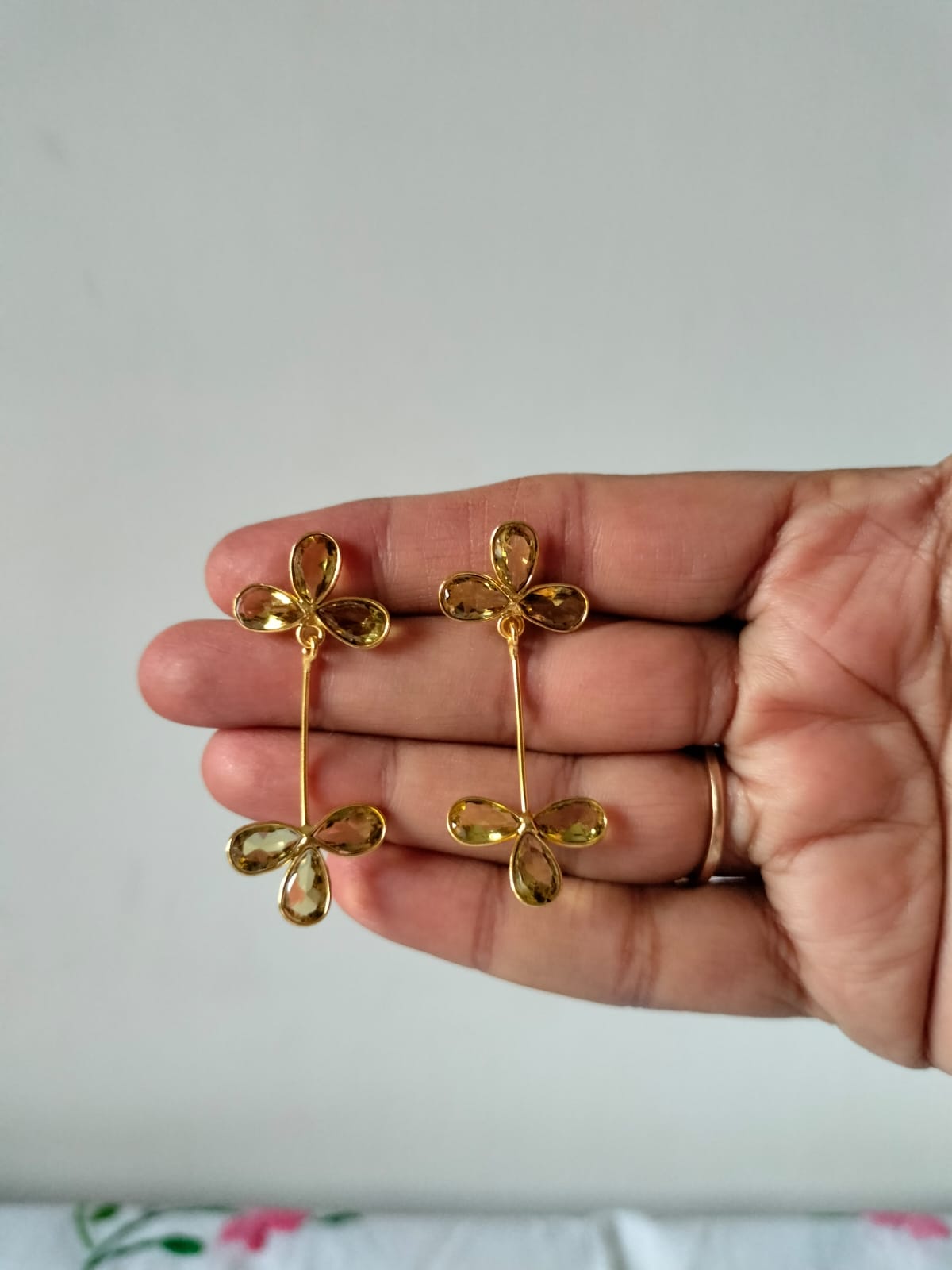 Elegant Yellow Crystal Floral Long Danglers
