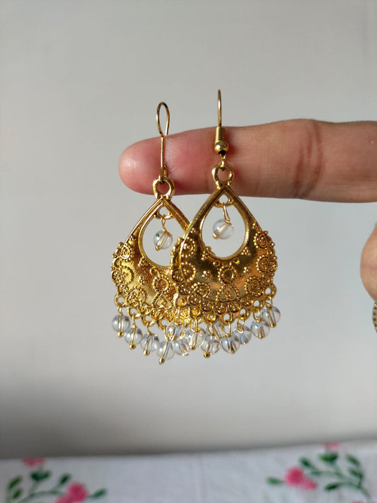 Intricate Gold-Toned Filigree Earrings with Clear Beads