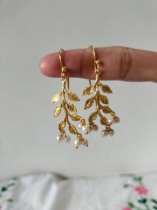 Elegant Gold-Plated Botanical Branch Earrings with Hanging Pearl Clusters