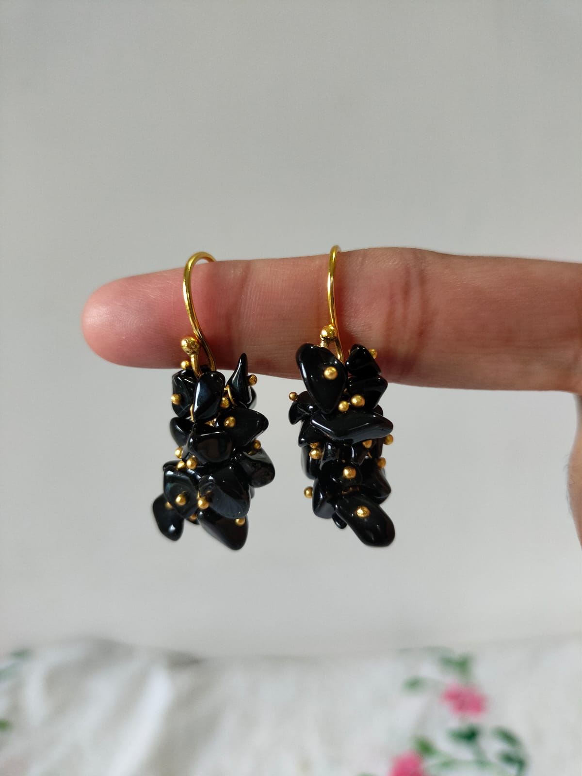 Handcrafted Black Stone Cluster Earrings with Gold Accents