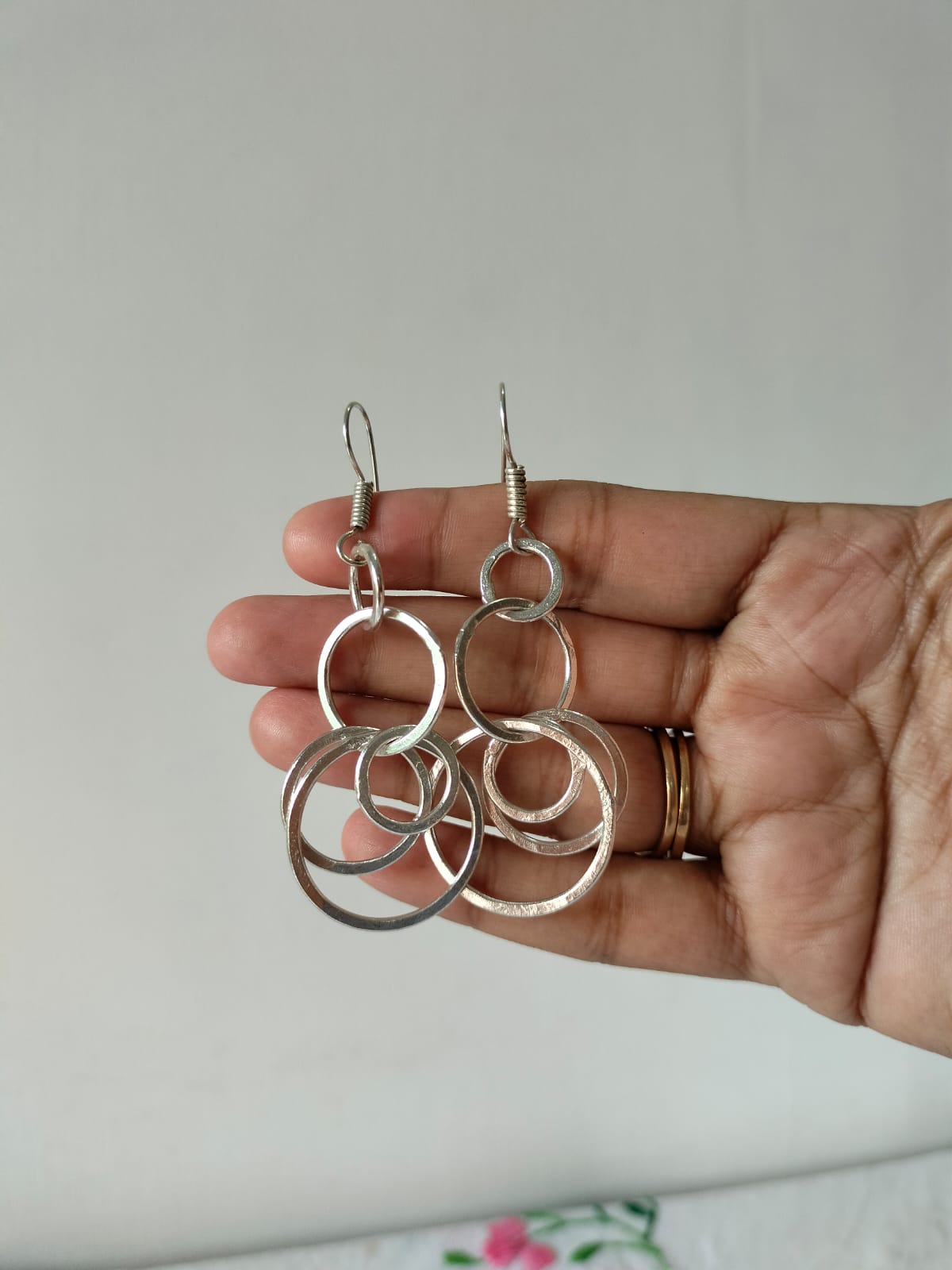 Contemporary Silver-Finish Interlocking Circle Drop Earrings