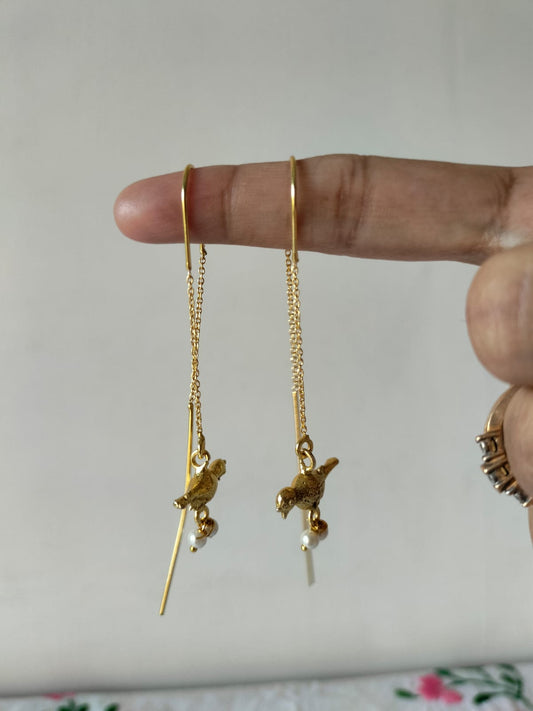 Delicate Gold-Plated Bird Charm Threader Earrings with Pearl Accents