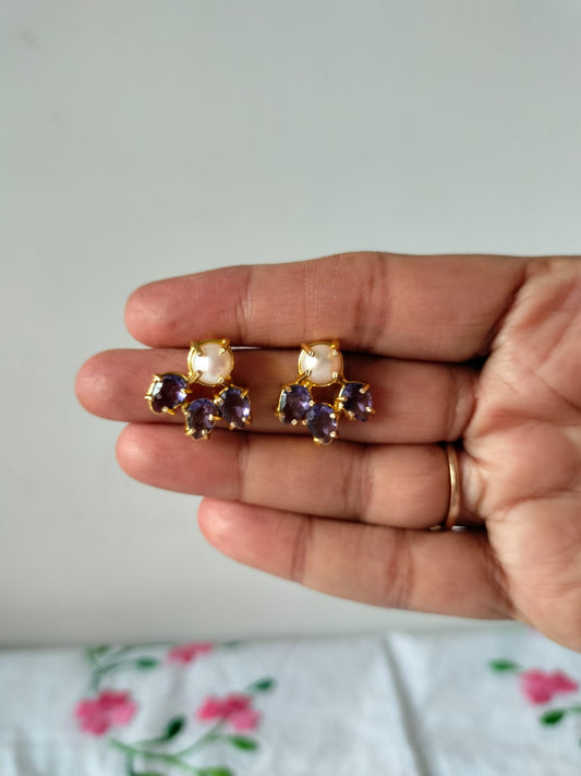 Elegant Gold-Plated Stud Earrings with Amethyst-Colored Stones and Pearl Center