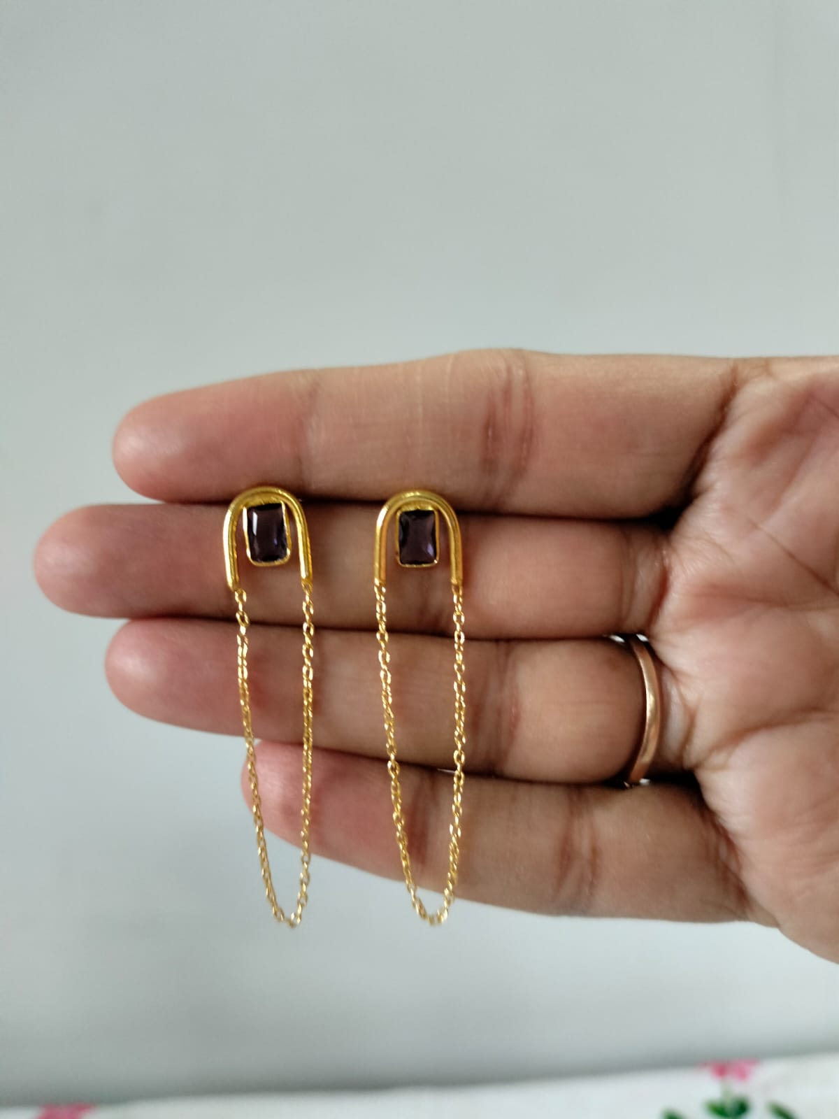 Modern Gold-Plated U-Arch Earrings with Emerald-Cut Purple Stone and Delicate Chain