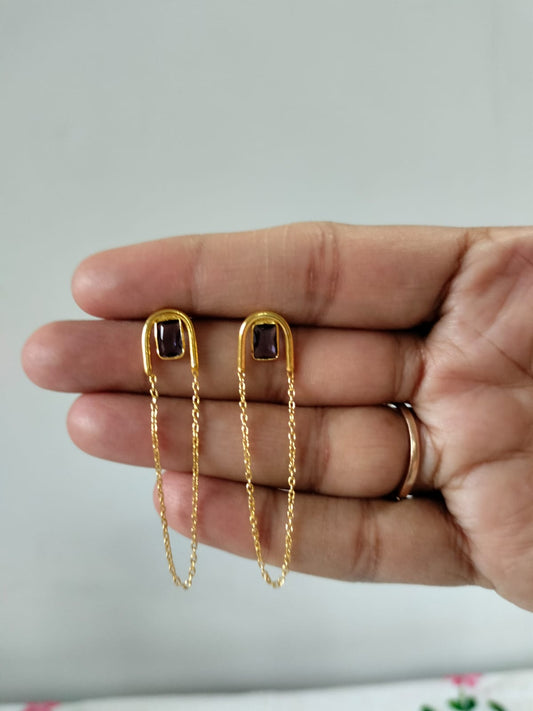 Modern Gold-Plated U-Arch Earrings with Emerald-Cut Purple Stone and Delicate Chain