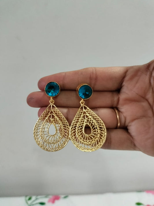 Exquisite Gold-Plated Teardrop Earrings with Teal Blue Gemstones and Fine Lace Filigree
