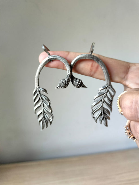 Oxidized Silver-Finish Swan Arch Statement Earrings with Leafy Feathers