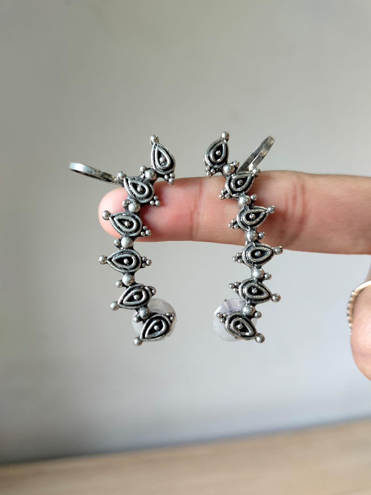 Traditional Oxidised Silver Curved Ear Climbers with Teardrop Motifs