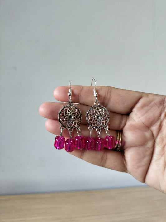 Boho Oxidized Silver Pink Bead Dangles