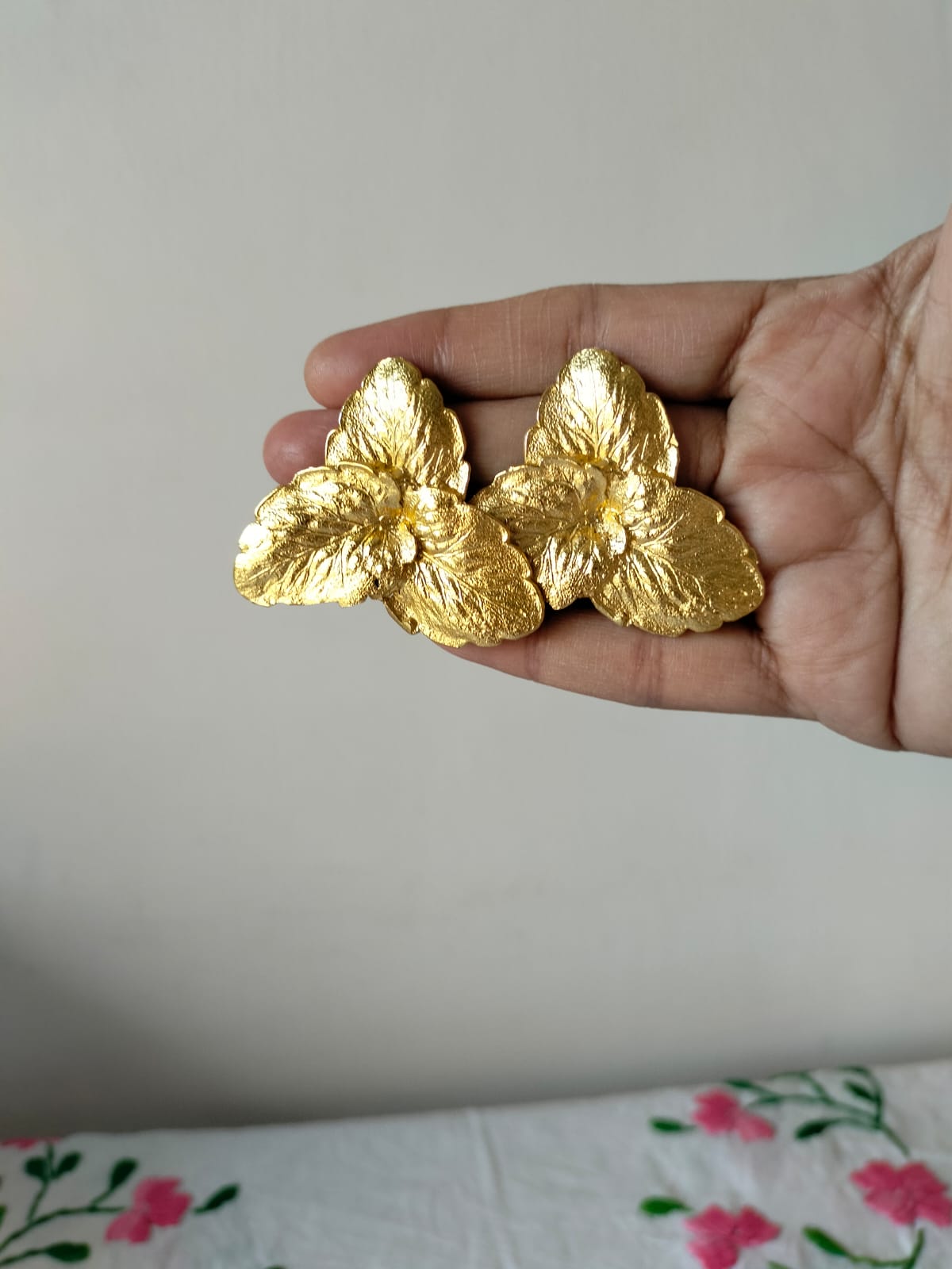 Statement Gold-Plated Textured Triple Leaf Studs