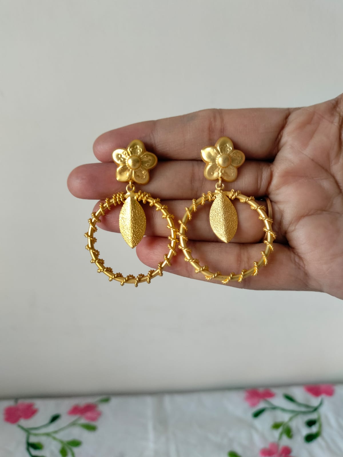 Gold-Plated Floral Studs with Twisted Rope Rings