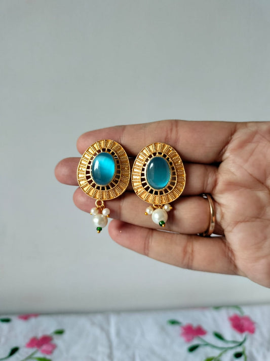 Gold-Toned Oval Turquoise-Style Earrings with Pearls