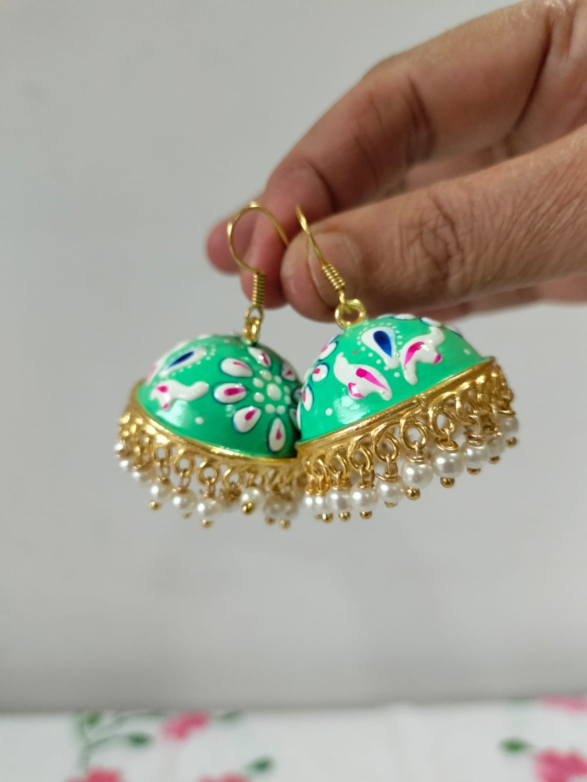Vibrant Green Hand-Painted Floral Jhumkas