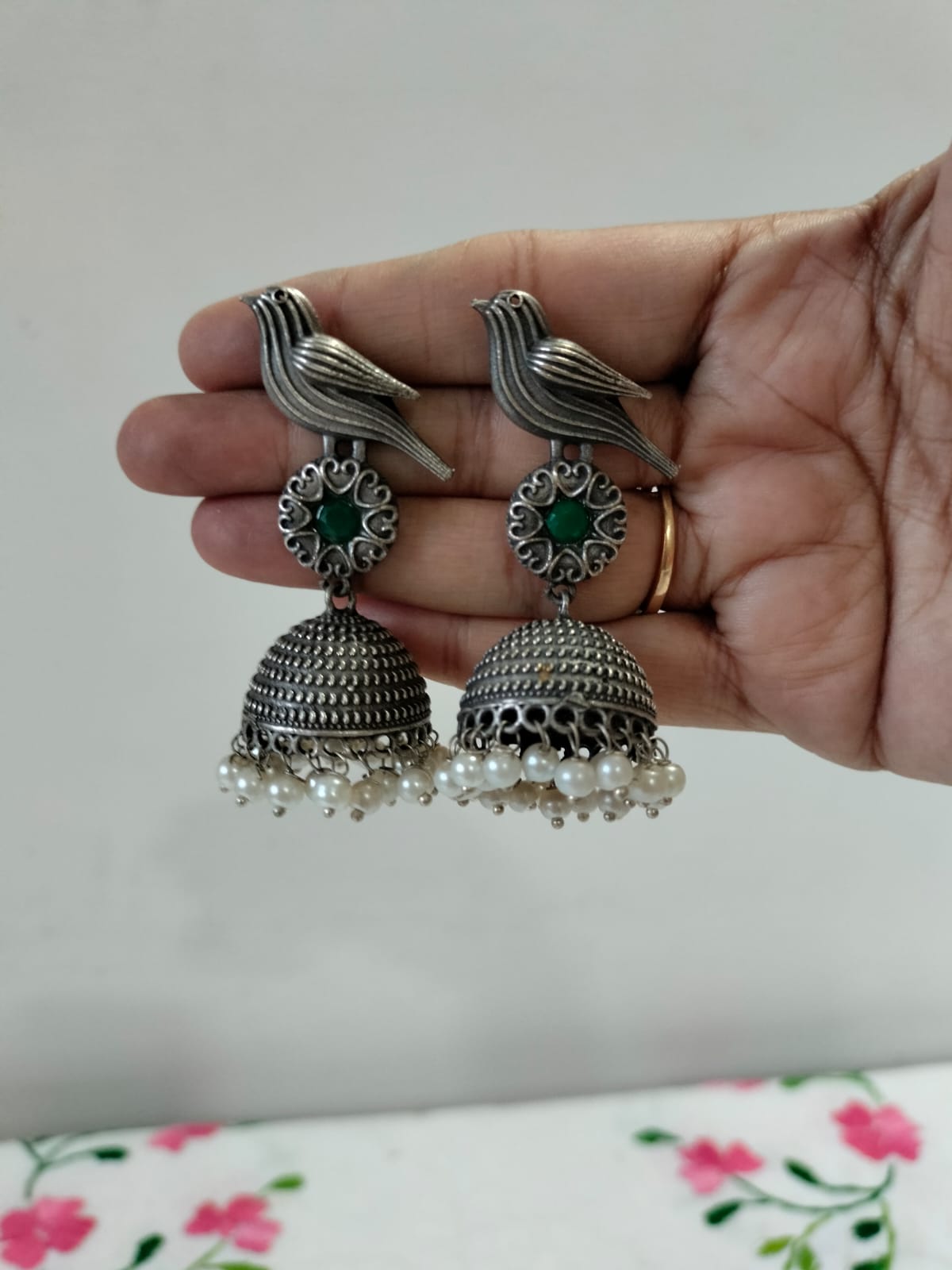 Vintage Silver-Toned Bird & Emerald-Green Jhumkas