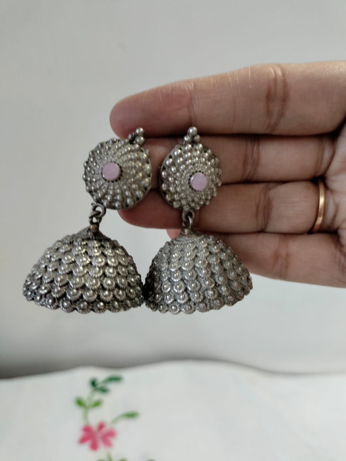 Vintage Silver-Toned Pink Stone Jhumkas