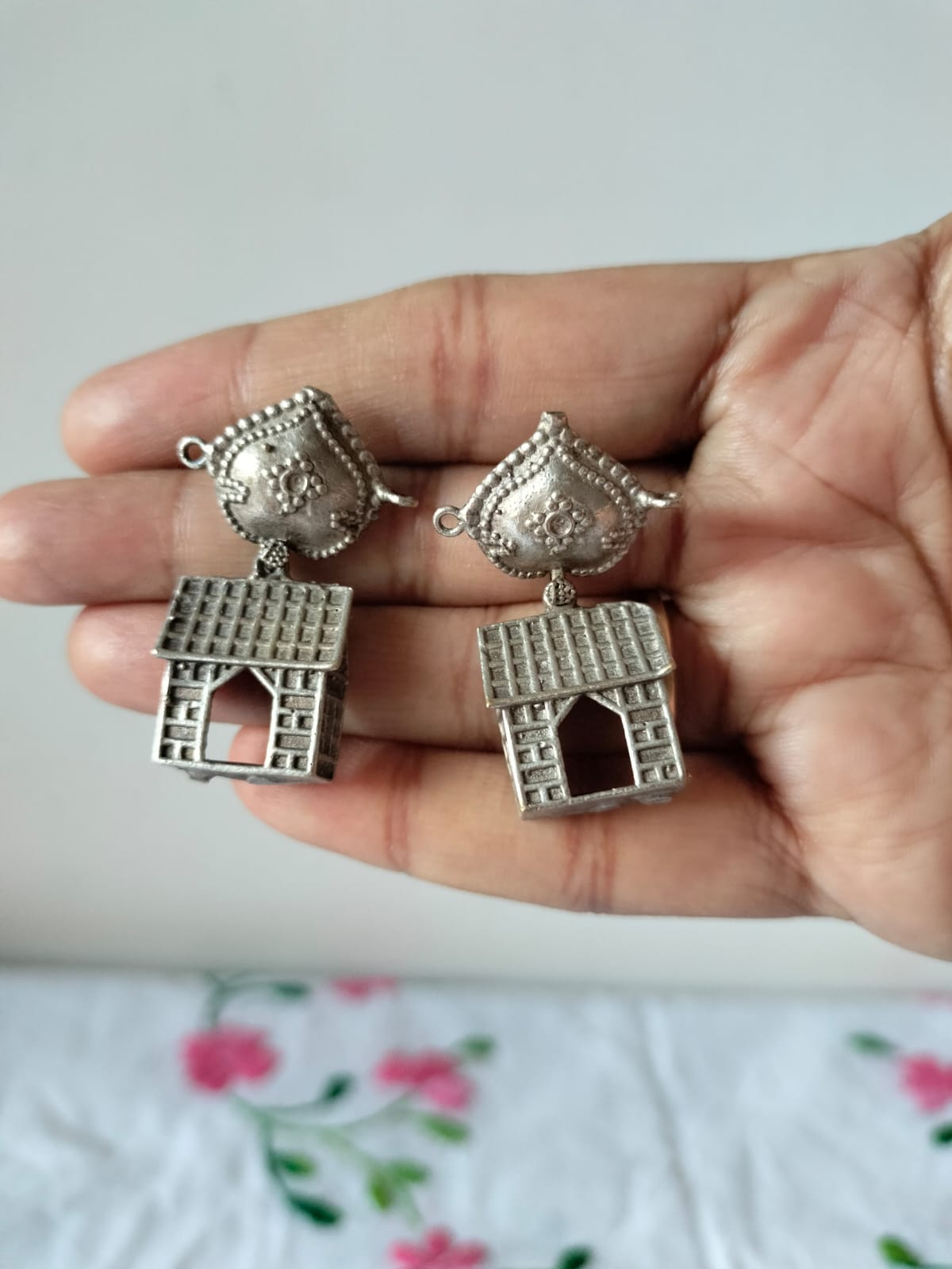 Vintage Silver-Toned House Motif Statement Earrings