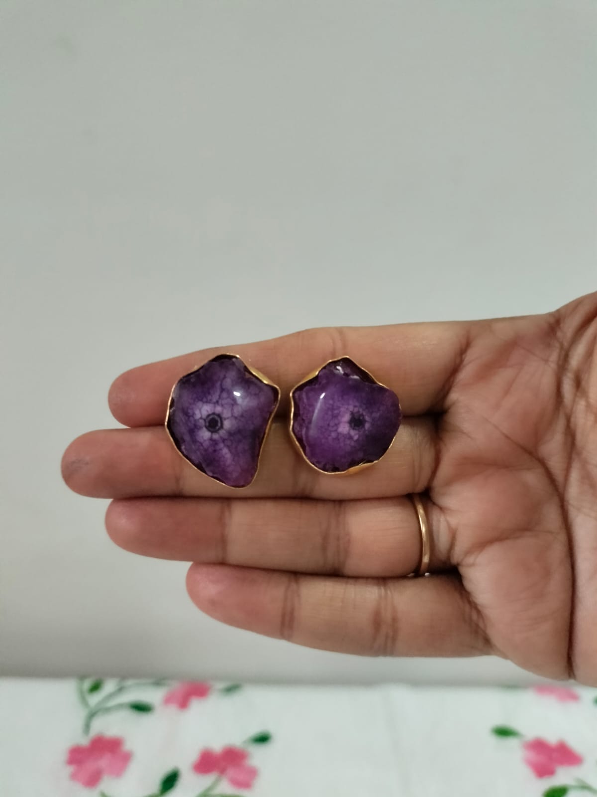 Natural Purple Druzy Stone Studs with Gold Rim