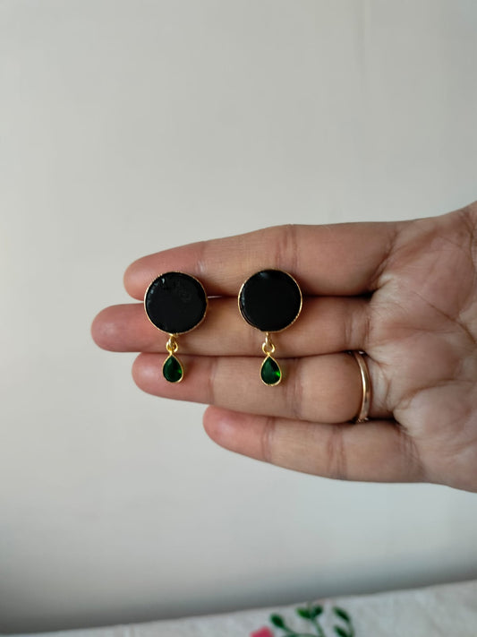 Classic Black Studs with Green Crystal Teardrop