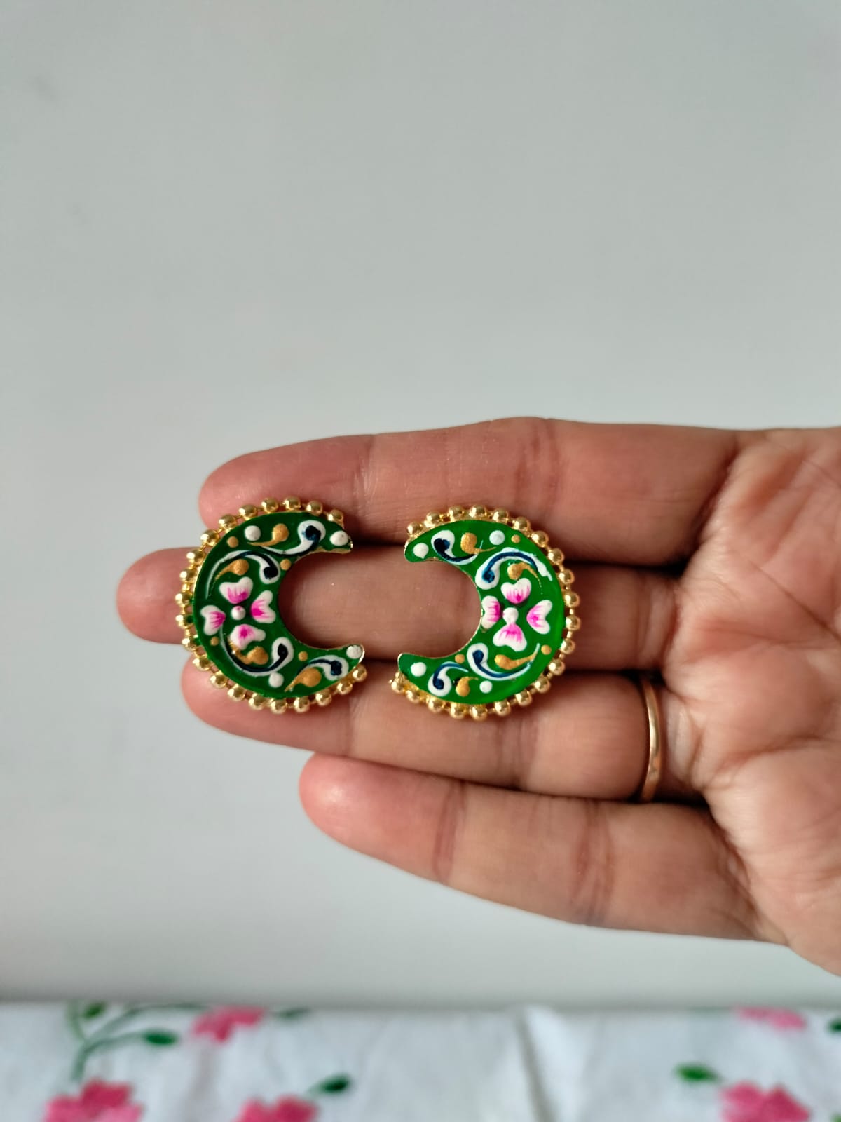 Traditional Green Floral Meenakari Chandbali Studs