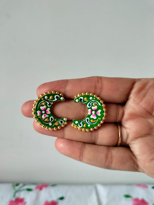 Traditional Green Floral Meenakari Chandbali Studs