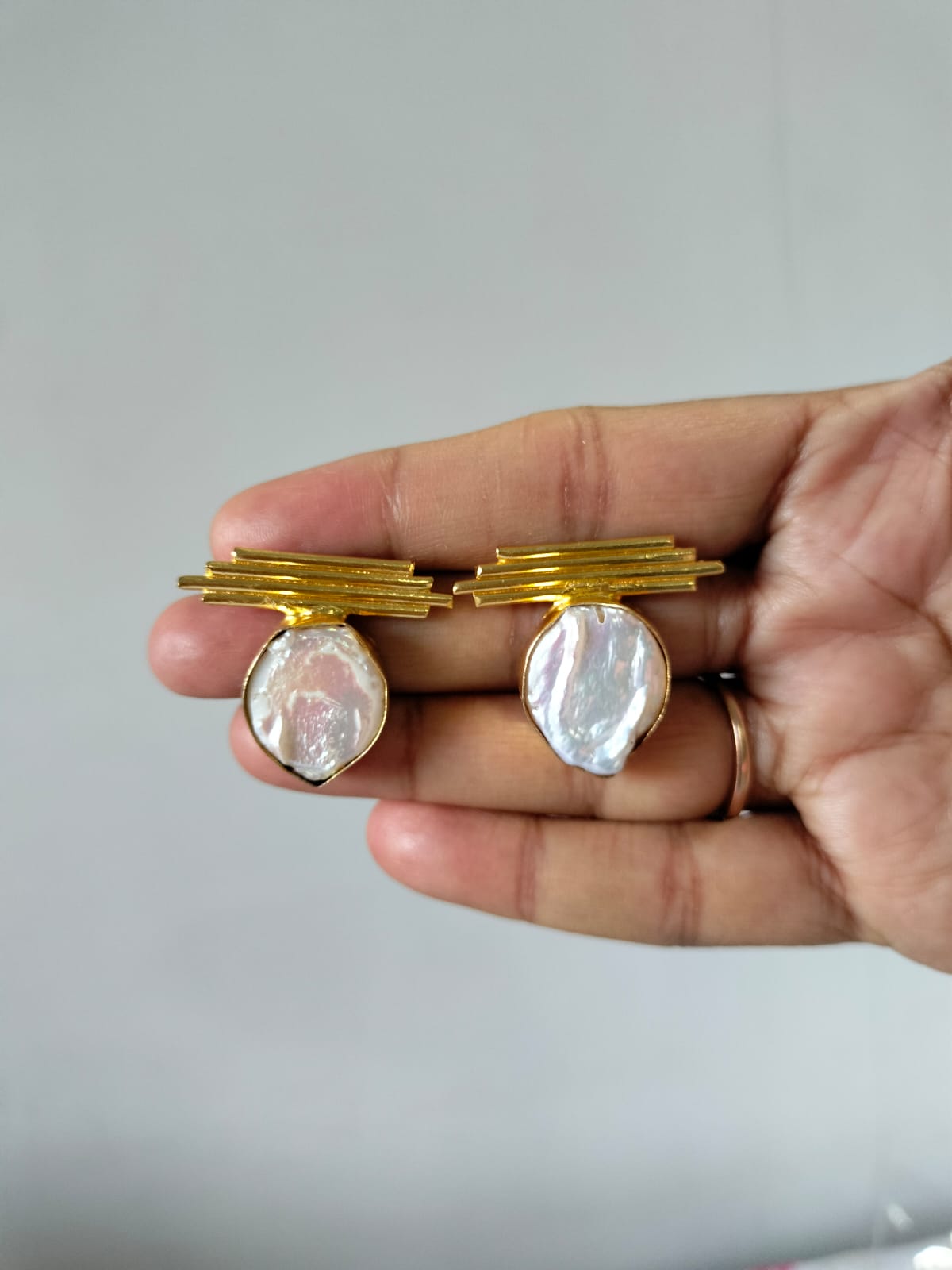 Abstract Gold-Bar & Irregular Pearl Statement Earrings