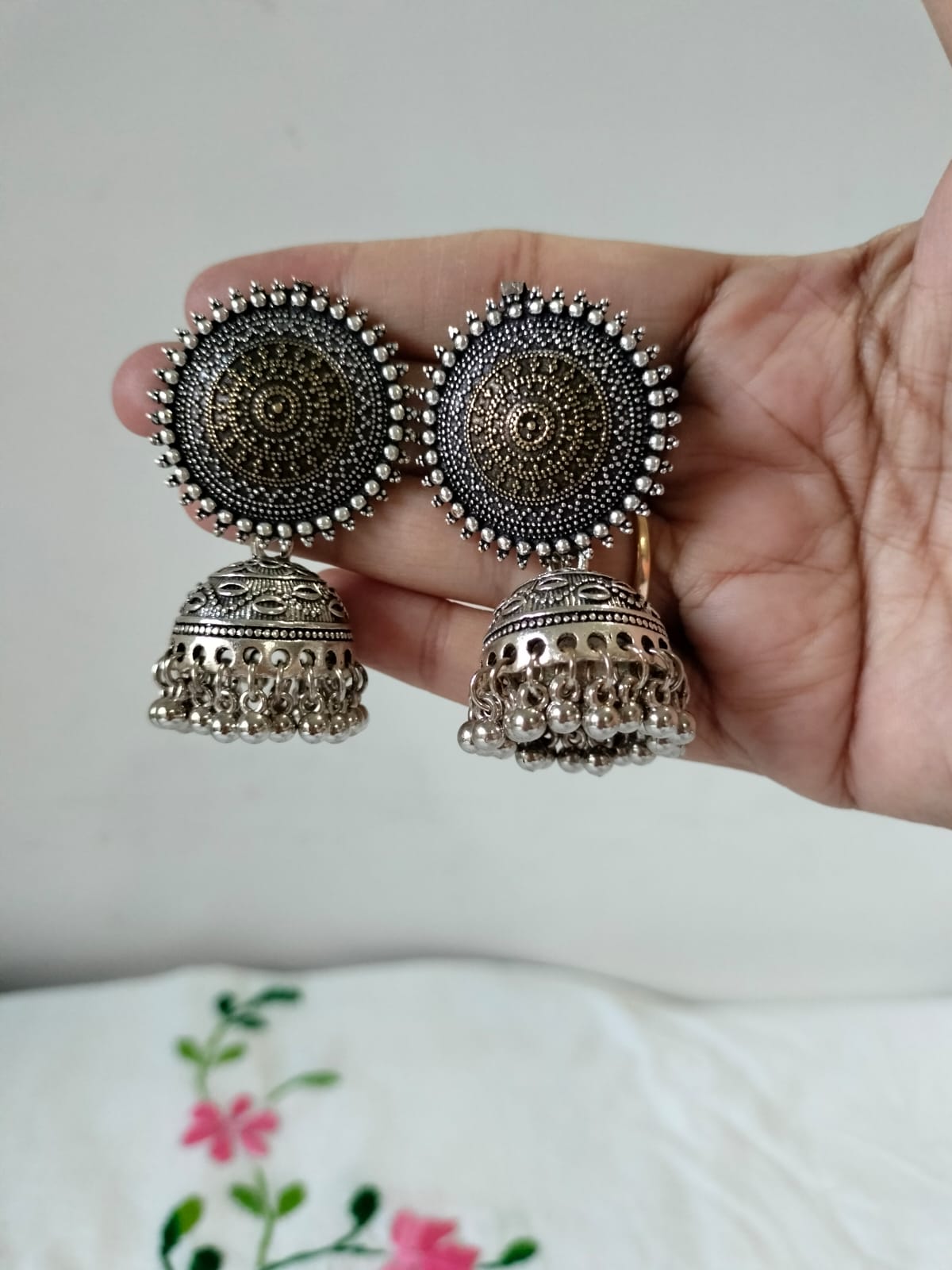 Vintage Afghan-Style Oxidized Mirror Jhumka Earrings