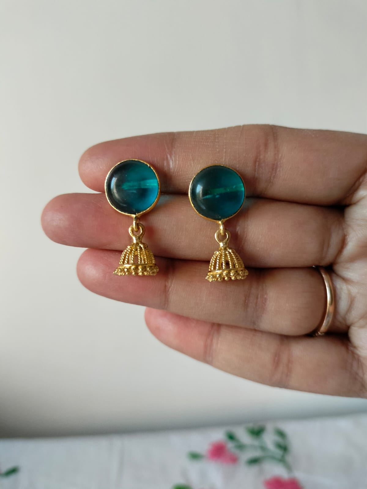 Teal Blue Glass Studs with Tiny Golden Jhumka Drops