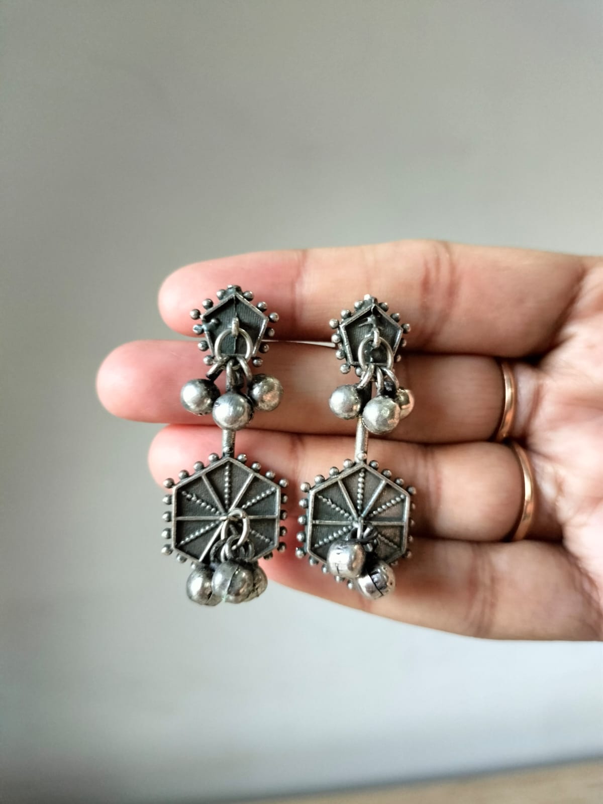 Vintage Oxidized Hexagonal Statement Earrings