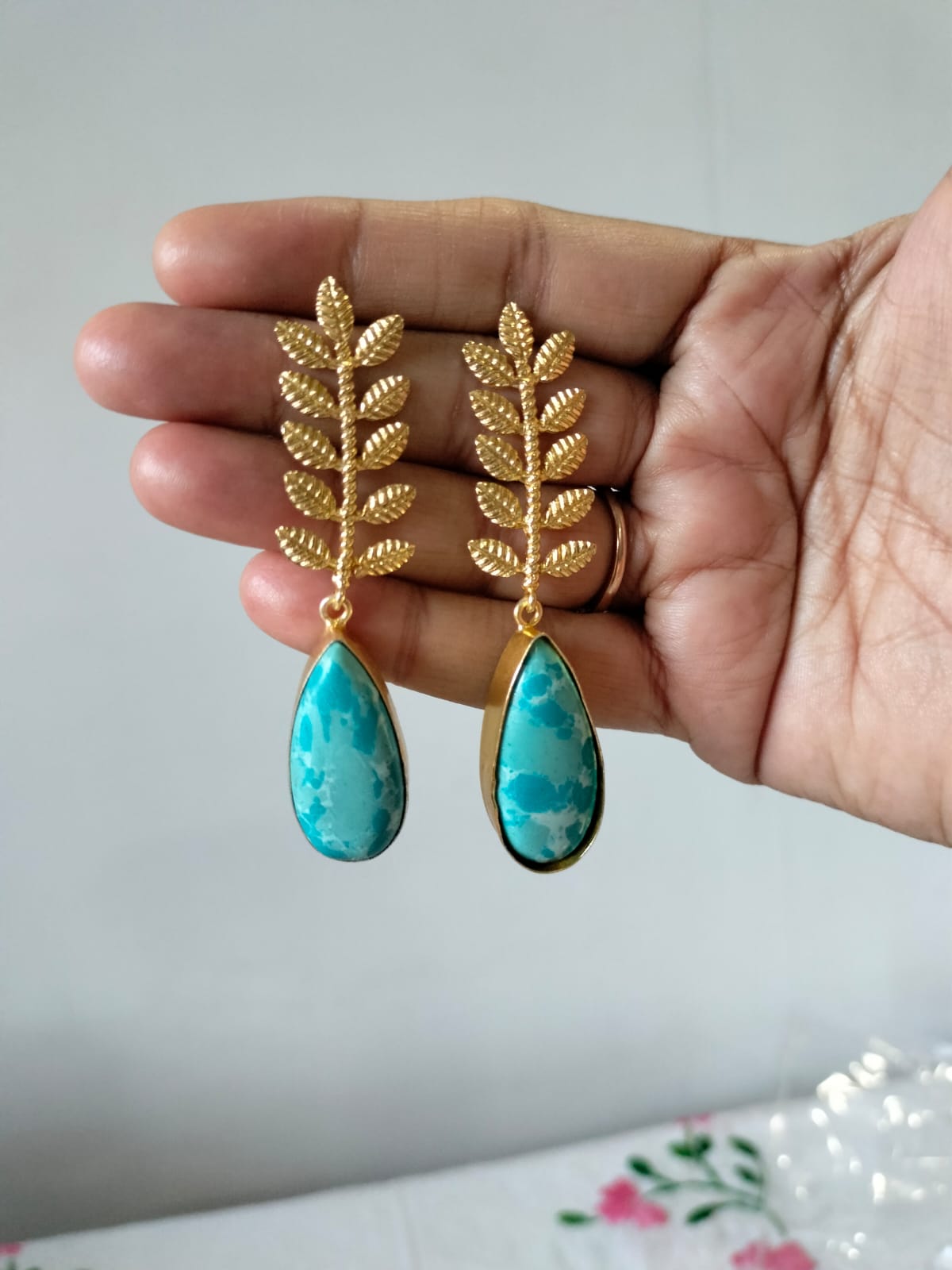 Gold Foliage Earrings with Faux Turquoise Teardrops