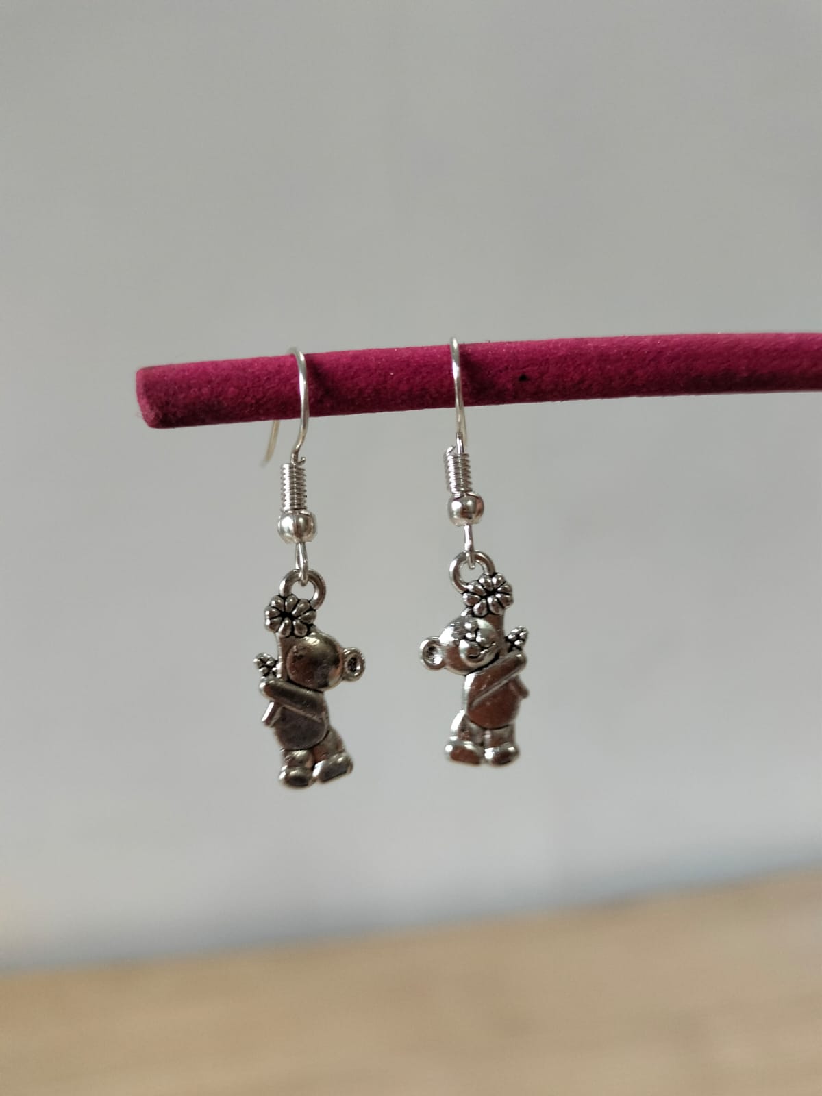 Adorable Silver-Finished Teddy Bear Earrings with Flower Detail