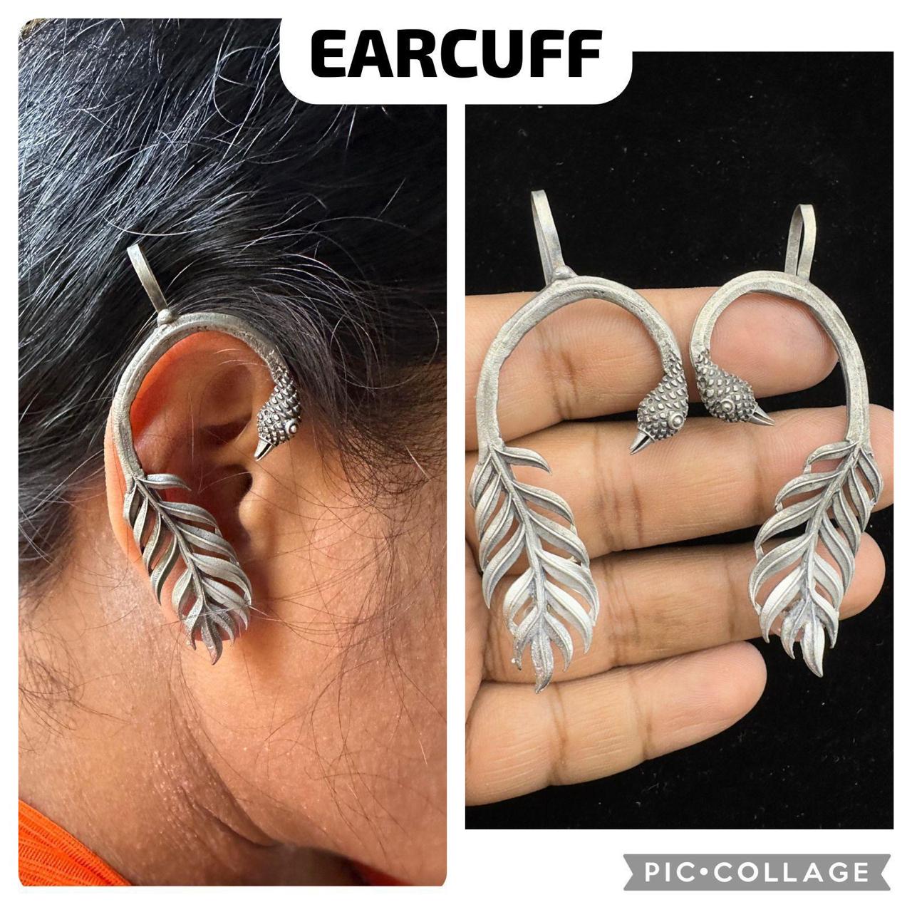 Oxidized Silver-Finish Swan Arch Statement Earrings with Leafy Feathers