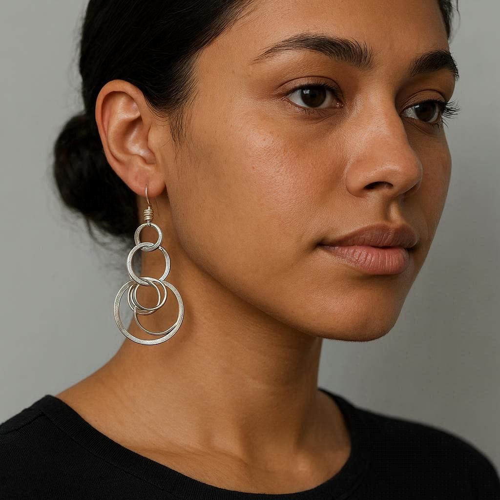Contemporary Silver-Finish Interlocking Circle Drop Earrings