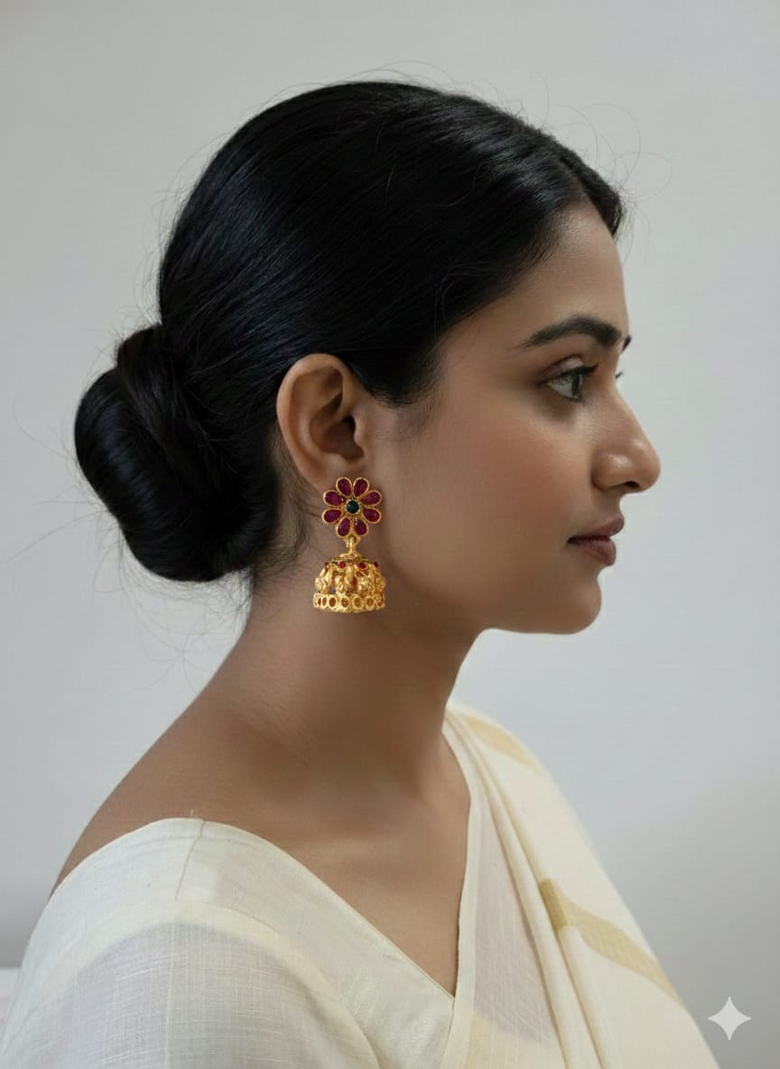 Floral Ruby-Studded Gold-Toned Jhumka Earrings