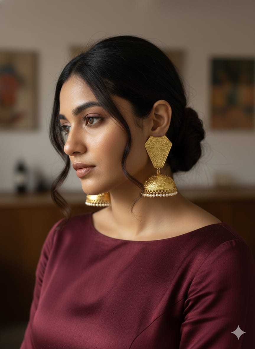 Oversized Gold-Plated Jhumkas with Geometric Shield Studs and Pearl Fringes