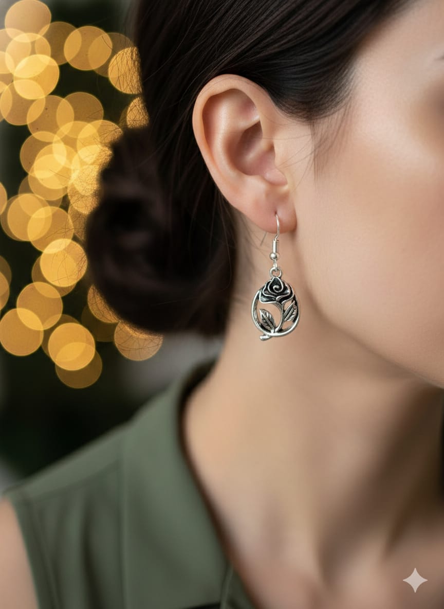 Vintage Silver-Finished Rose & Leaf Dangle Earrings