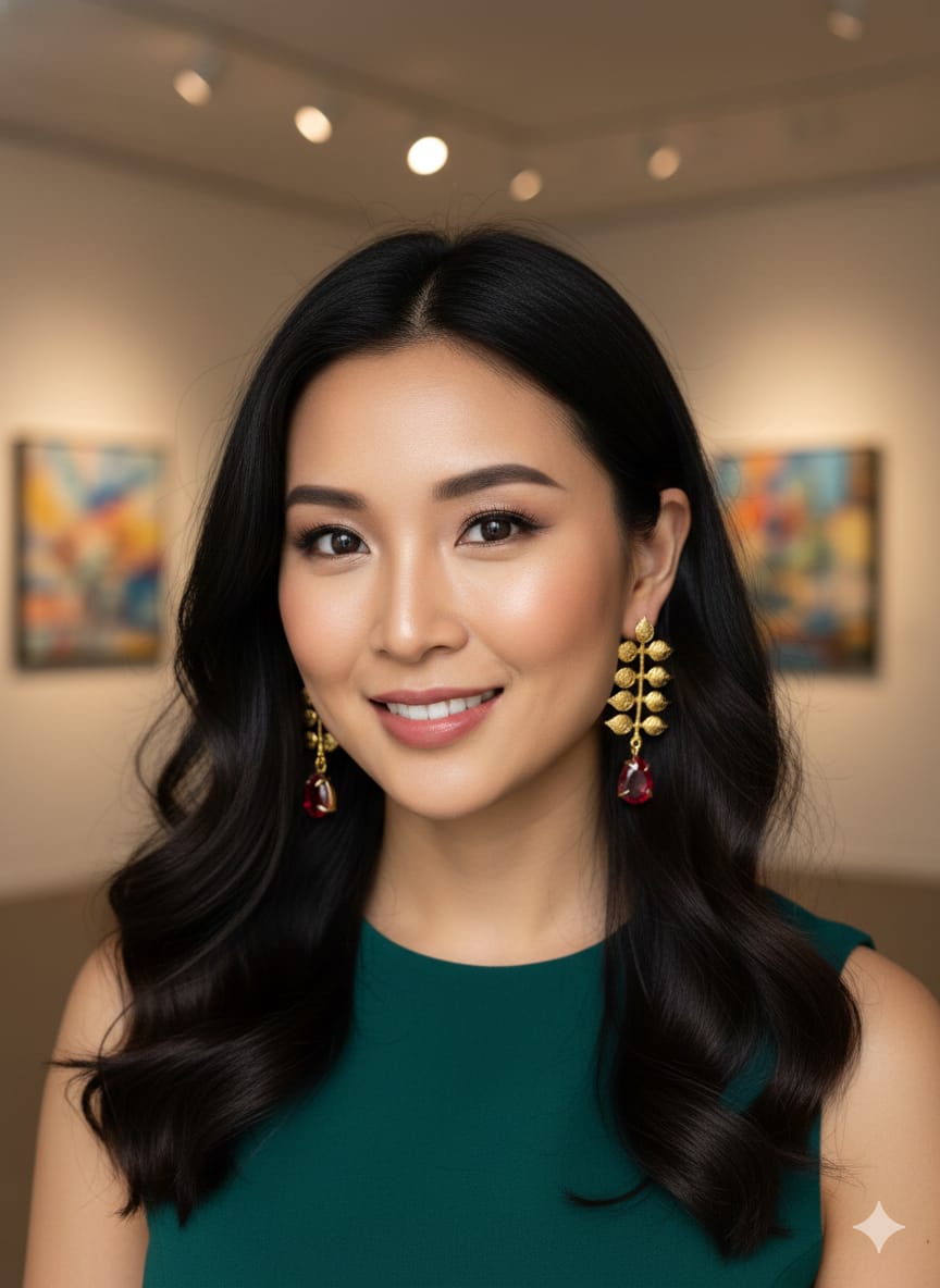 Gold-Plated Foliage Earrings with Red Crystal Drop