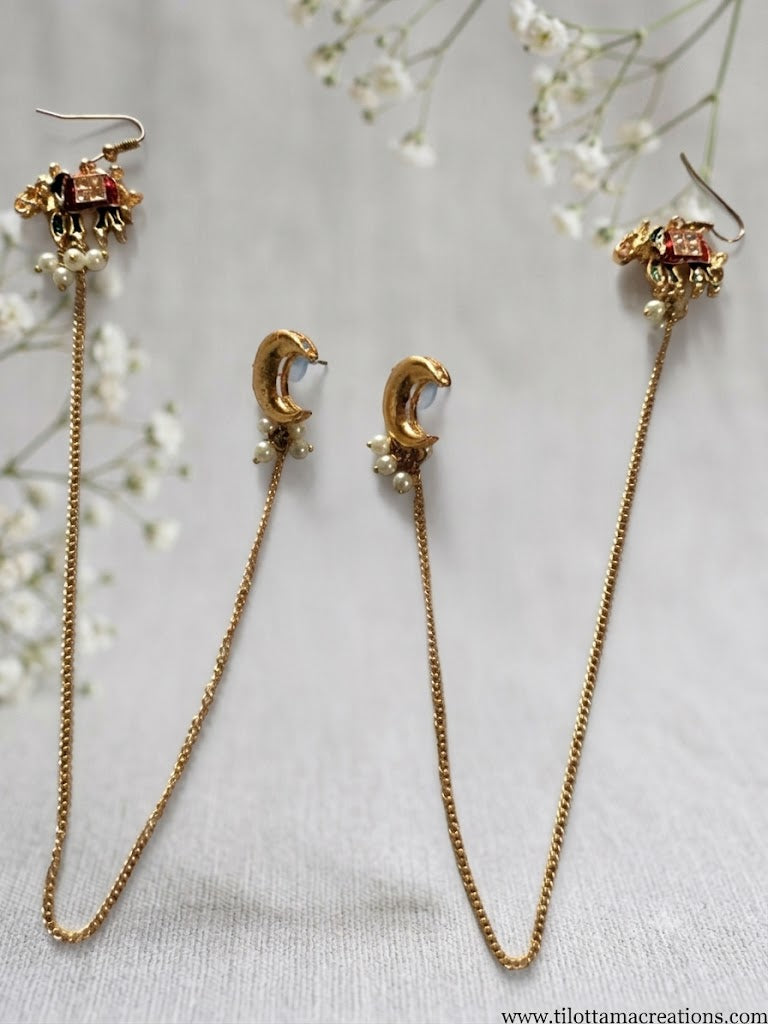 Royal Gajah & Crescent Moon Chain Ear Cuffs