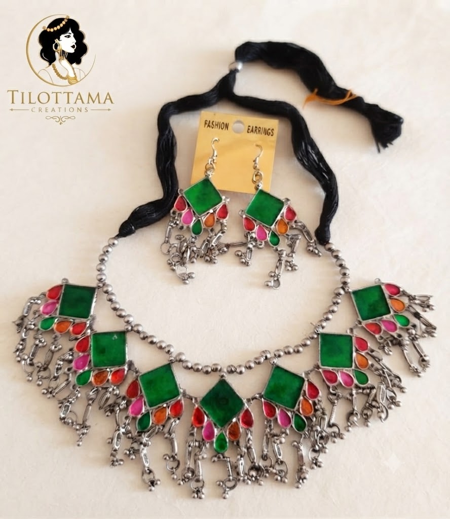 Emerald Mosaic Silver Choker Set