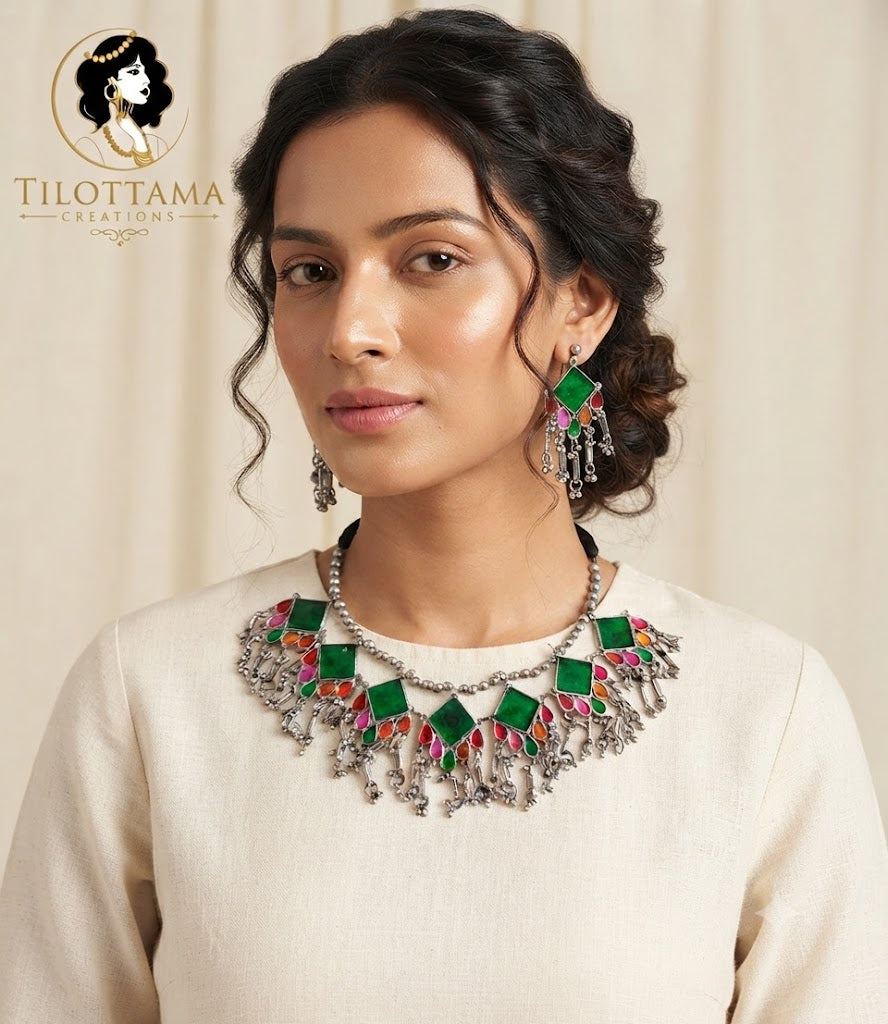 Emerald Mosaic Silver Choker Set