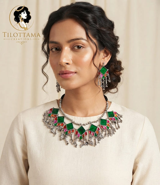 Emerald Mosaic Silver Choker Set