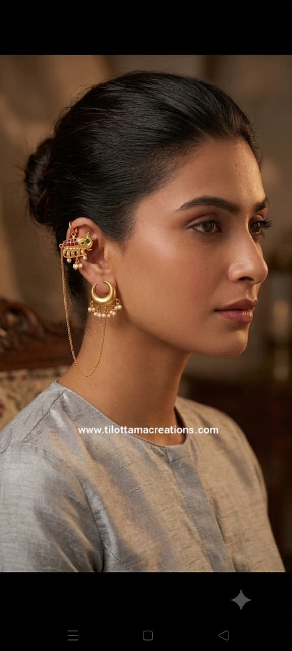 Royal Gajah & Crescent Moon Chain Ear Cuffs